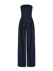 Damen-Jumpsuit trägerlos mit weitem Bein und Faltenlegung – Marineblau