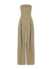 Damen-Jumpsuit trägerlos mit weitem Bein und Faltenlegung – Beige