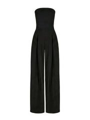 Damen-Jumpsuit trägerlos mit weitem Bein und Faltenlegung – Schwarz