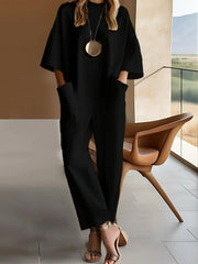 Marie | Damen Jumpsuit Weites Bein Kurze Ärmel Rundhals – Schwarz