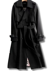 Frieda | Damen Klassischer Taillierter Trenchcoat für den Winter mit Gürtel – Schwarz