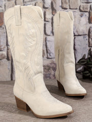 Damen Kniehohe Stiefel mit bestickten Einsätzen und Blockabsatz – Weiß
