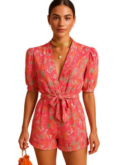 Damen Kurz-Jumpsuit mit Blumenmuster, V-Ausschnitt und Taillengürtel – Rosa