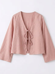 Damen-Kurzbluse mit V-Ausschnitt und Bindebändern – Rosa
