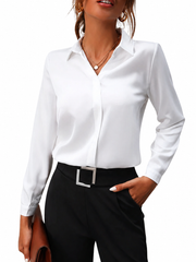 Damen Langarm Bluse mit Kragen und verdeckter Knopfleiste – Weiß
