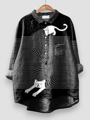 Marlene | Damen Langarm Hunde-Print Button-Down Hemdbluse – Schwarz