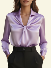 Damen Langarmbluse mit Kragen und drapiertem Frontdetail – Lila