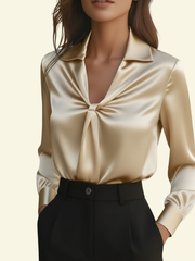 Damen Langarmbluse mit Kragen und drapiertem Frontdetail – Beige