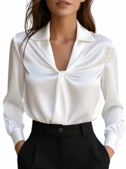 Damen Langarmbluse mit Kragen und drapiertem Frontdetail – Weiß