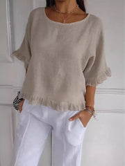 Luisa | Damen Leichte Rüschen Bluse Kurze Ärmel – Beige