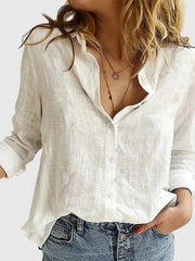 Frieda | Damen Leinen Bluse Knopfleiste Lapel Kragen Entspannt – Weiß
