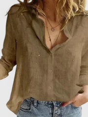 Frieda | Damen Leinen Bluse Knopfleiste Lapel Kragen Entspannt – Braun