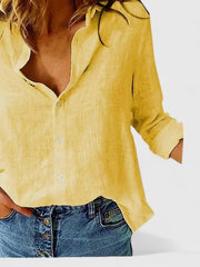 Frieda | Damen Leinen Bluse Knopfleiste Lapel Kragen Entspannt – Gelb