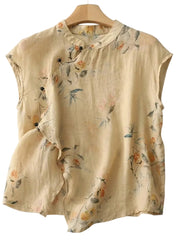 Damen leinen-Bluse mit Stehkragen, asymmetrischer Knopfleiste und floralem Muster – Beige