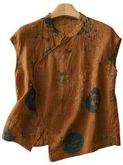 Damen leinen-Bluse mit Stehkragen, asymmetrischer Knopfleiste und floralem Muster – Braun