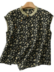Damen leinen-Bluse mit Stehkragen, asymmetrischer Knopfleiste und floralem Muster – Schwarz