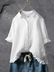 Charlotte | Damen Leinen Bluse Rüschen Ärmel Button-Down Locker – Weiß