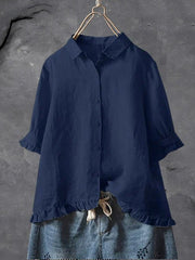 Charlotte | Damen Leinen Bluse Rüschen Ärmel Button-Down Locker – Marine