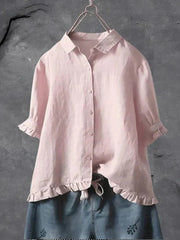 Charlotte | Damen Leinen Bluse Rüschen Ärmel Button-Down Locker – Hellrosa