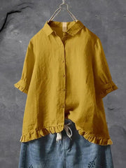 Charlotte | Damen Leinen Bluse Rüschen Ärmel Button-Down Locker – Gelb