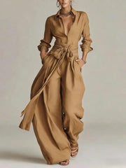 Charlotte | Damen Leinen Co-Ord Set Weite Hosen Hemdbluse – Khaki