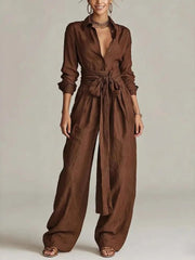 Charlotte | Damen Leinen Co-Ord Set Weite Hosen Hemdbluse – Kaffee