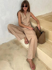Luisa | Damen Leinen Hosenanzug Weste mit Plissee-Hose – Beige