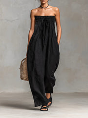 Emilia | Damen Leinen Jumpsuit Trägerlos Weites Bein – Schwarz