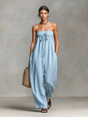 Emilia | Damen Leinen Jumpsuit Trägerlos Weites Bein – Hellblau