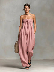 Emilia | Damen Leinen Jumpsuit Trägerlos Weites Bein – Hellrosa