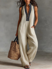 Sophie | Damen Leinen Ärmellos Stickerei Jumpsuit – Fotofarbe