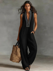 Sophie | Damen Leinen Ärmellos Stickerei Jumpsuit – Schwarz