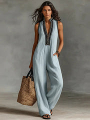 Sophie | Damen Leinen Ärmellos Stickerei Jumpsuit – Blau