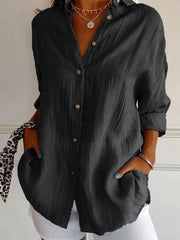 Nora | Damen Leinenbluse Oversized Button-Down Kragen Langarm – Schwarz
