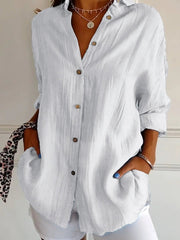 Nora | Damen Leinenbluse Oversized Button-Down Kragen Langarm – Weiß