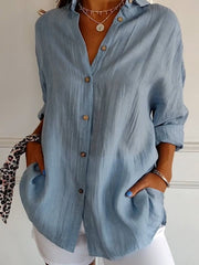 Nora | Damen Leinenbluse Oversized Button-Down Kragen Langarm – Stahlblau