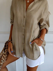 Nora | Damen Leinenbluse Oversized Button-Down Kragen Langarm – Khaki