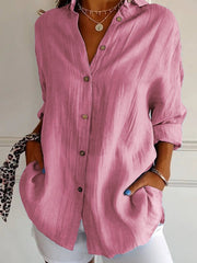 Nora | Damen Leinenbluse Oversized Button-Down Kragen Langarm – Rosa