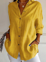 Nora | Damen Leinenbluse Oversized Button-Down Kragen Langarm – Gelb