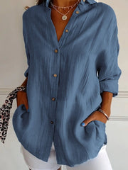 Nora | Damen Leinenbluse Oversized Button-Down Kragen Langarm – Dunkelblau