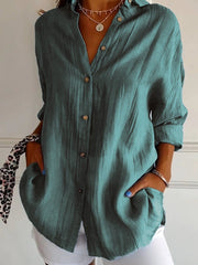 Nora | Damen Leinenbluse Oversized Button-Down Kragen Langarm – Blaugrünes Grün