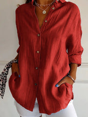 Nora | Damen Leinenbluse Oversized Button-Down Kragen Langarm – Rot