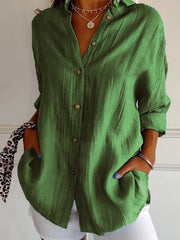 Nora | Damen Leinenbluse Oversized Button-Down Kragen Langarm – Grün
