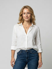 Annika | Damen Leinenstil Dreiviertelarm Klassische Bluse – Weiß