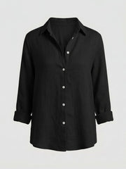Annika | Damen Leinenstil Dreiviertelarm Klassische Bluse – Schwarz