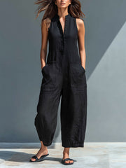 Elfriede | Damen Linen Jumpsuit ärmellos Stehkragen Knopfleiste – Schwarz