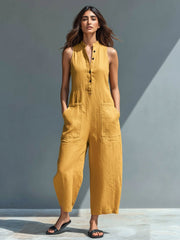 Elfriede | Damen Linen Jumpsuit ärmellos Stehkragen Knopfleiste – Gelb
