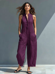 Elfriede | Damen Linen Jumpsuit ärmellos Stehkragen Knopfleiste – Lila