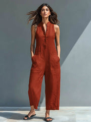 Elfriede | Damen Linen Jumpsuit ärmellos Stehkragen Knopfleiste – Rostrot