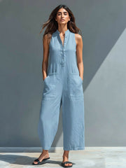 Elfriede | Damen Linen Jumpsuit ärmellos Stehkragen Knopfleiste – Blau